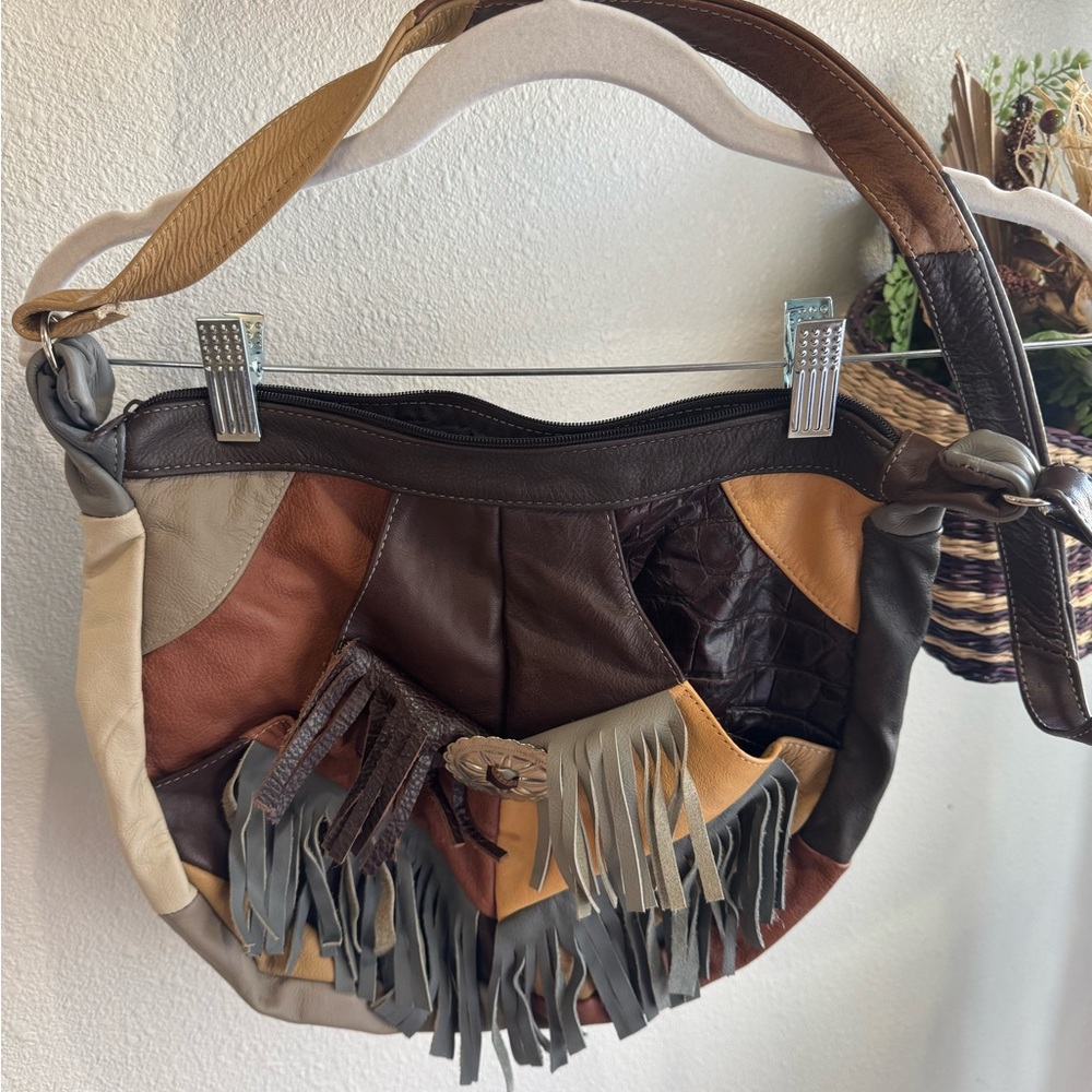 Made in Mexico Fringe Bohemian Patchwork Leather Shoulder Bag